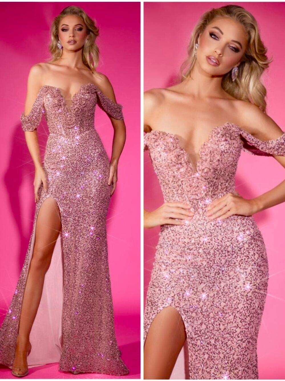 Portia & Scarlett PS25226 Sequin Gown Off The Shoulder Maxi Dress Formal Pink